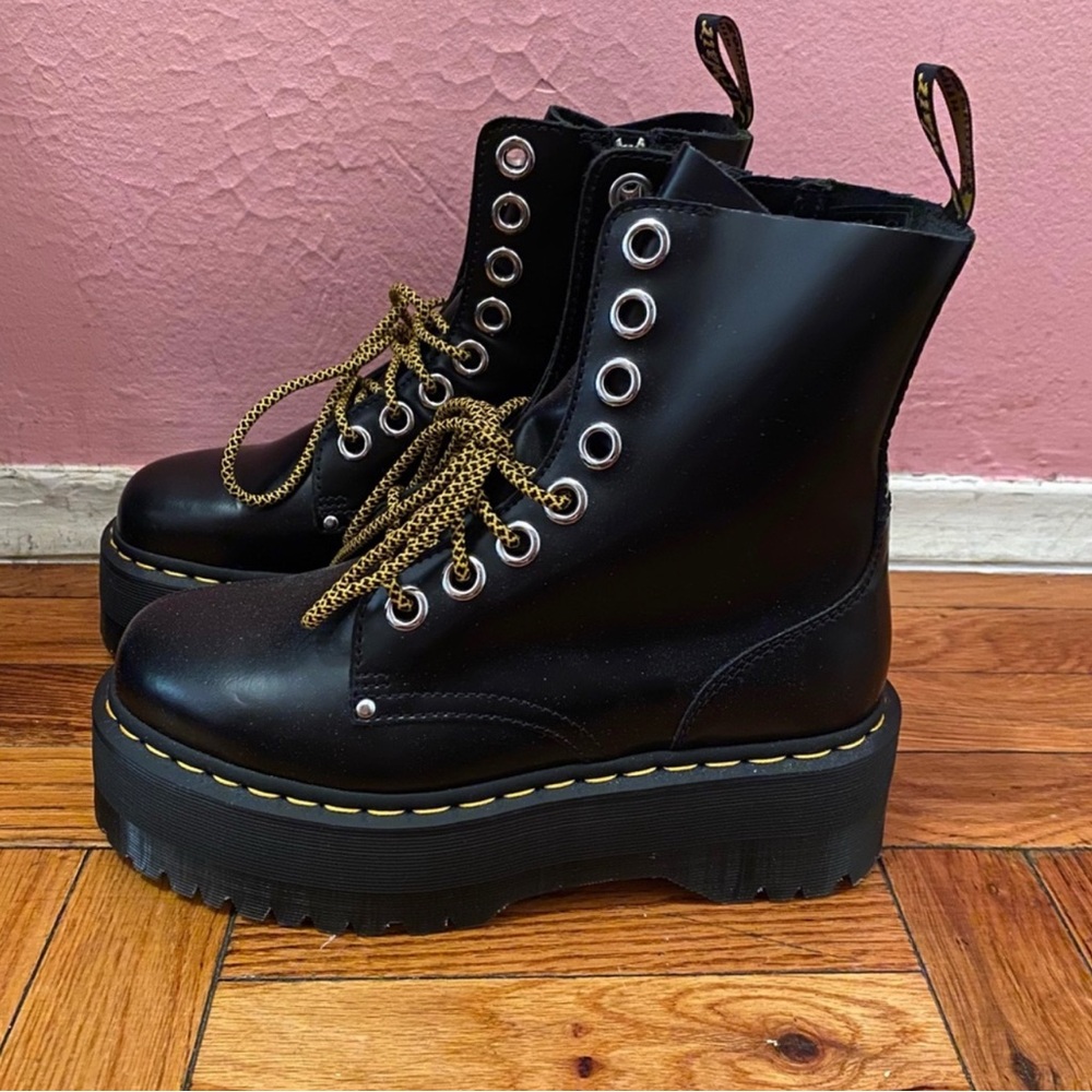 Dr Martens Black Jadon Max Platform Lace Up Boots with Yellow/Black Laces